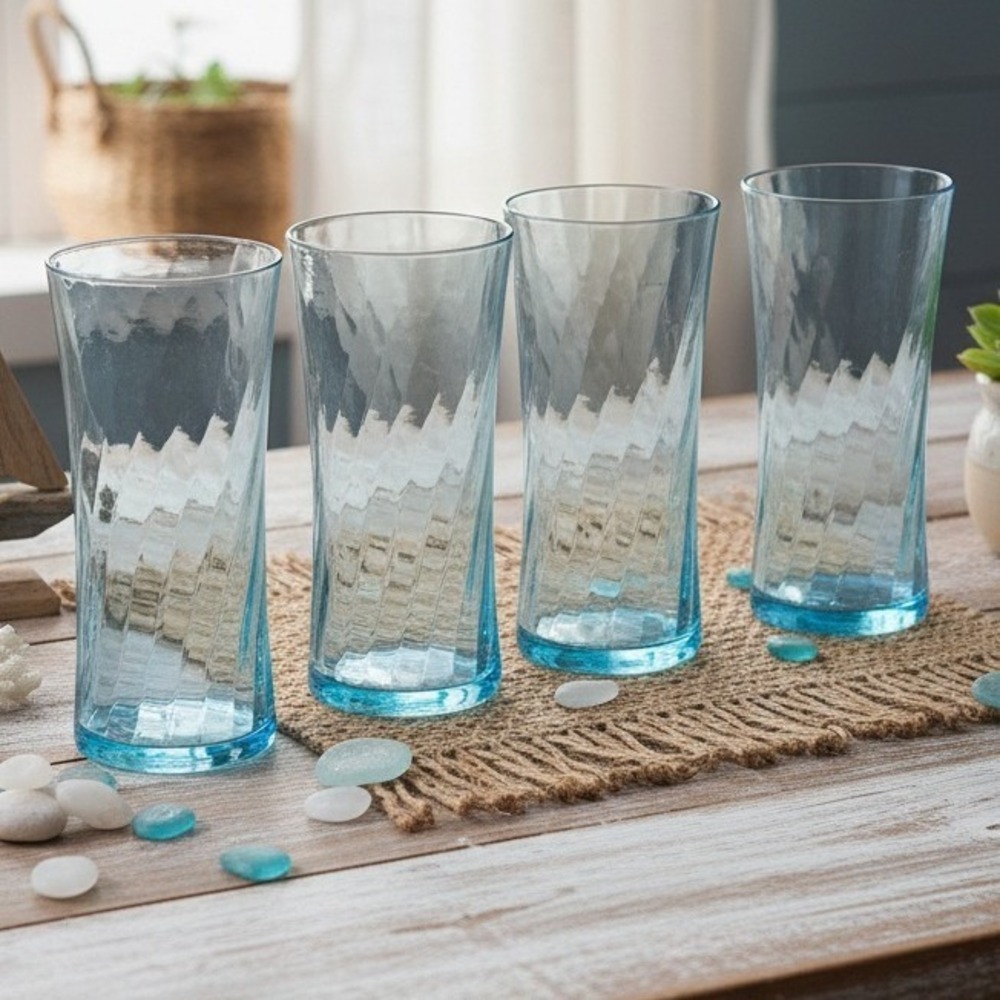 Wheaton Blue Tint Highball Glasses, Set of 4, Vintage Optic Swirl Pressed Glass